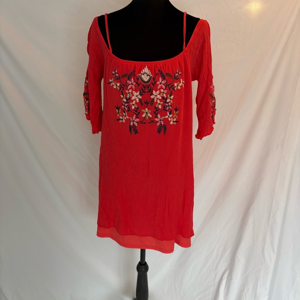 Rebellion Red Embroidered Floral Off the Shoulder Tunic Top or Mini dress Sz XL